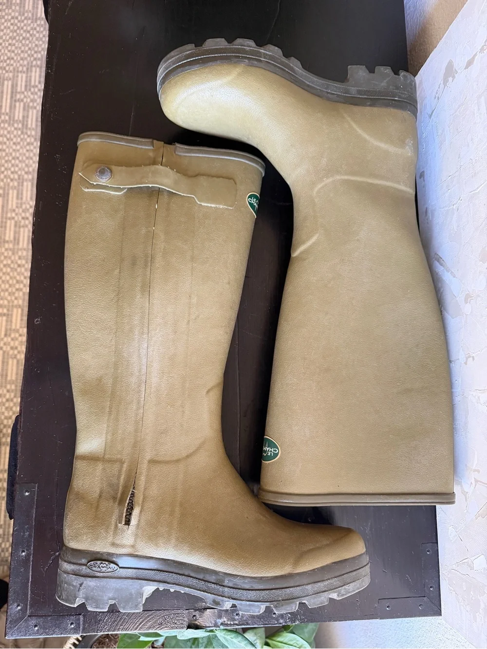 Le Chameau Men's Chasseur leather lined  tall rubber boots, olive green